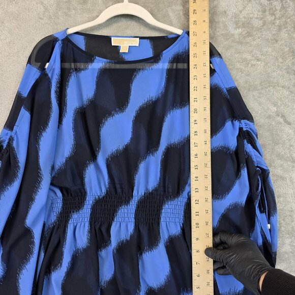Michael Michael Kors Blouse Womens S/M Blue Black Print Smocked Waist Dolman - Picture 3 of 9